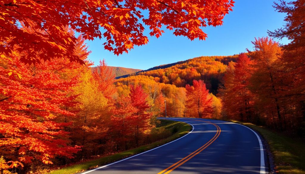 Road winding through colorful New England autumn trees